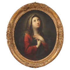 18th Century Oil on Canvas French Antique Oval Religious Painting Madonna, 1730