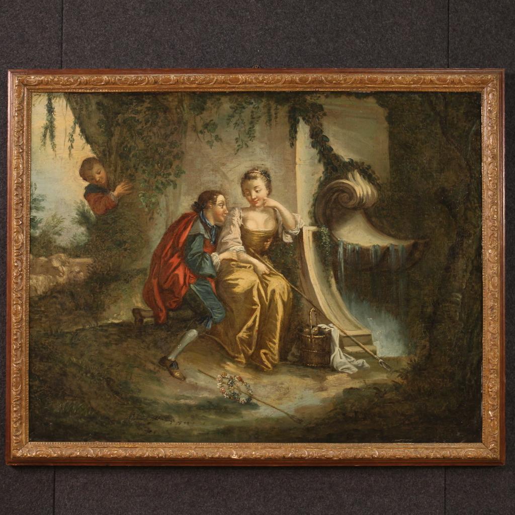 Antique French painting from the late 18th century. Artwork oil on canvas depicting a gallant Rococo scene of good pictorial quality. Beautifully sized and pleasantly furnished painting decorated with a finely carved wooden and plaster frame,