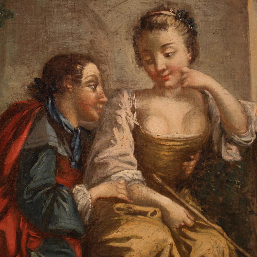 18th Century Oil on Canvas French Antique Painting Gallant Scene, 1780 In Good Condition In Vicoforte, Piedmont