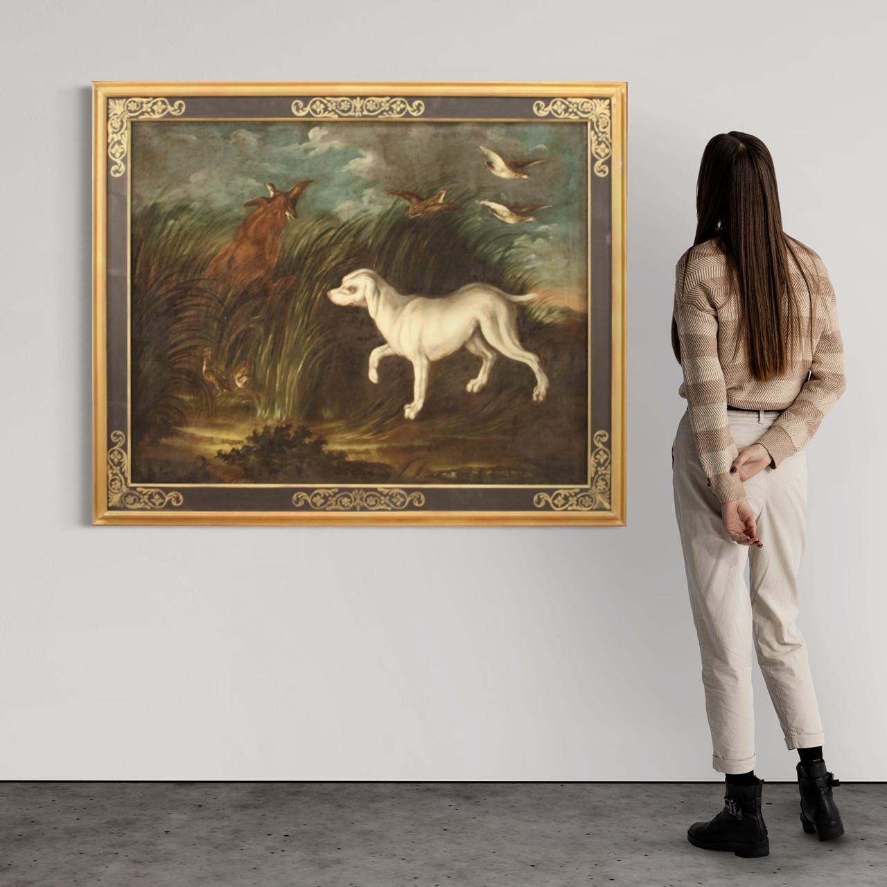 Dipinto francese antico del XVIII secolo. Quadro ad olio su tela raffigurante paesaggio con cani da caccia con pernici di buona qualità pittorica. Quadro di grande misura e impatto, per antiquari, arredatori e collezionisti di quadri antichi con
