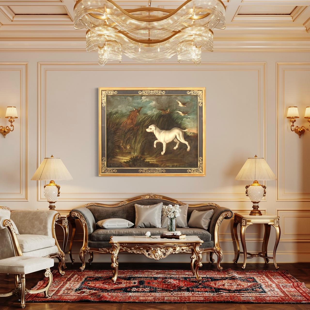 Toile Huile sur toile ancienne française du 18ème siècle, paysage avec chien, 1750 en vente