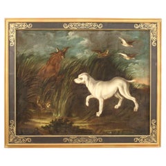 Huile sur toile ancienne française du 18ème siècle, paysage avec chien, 1750 