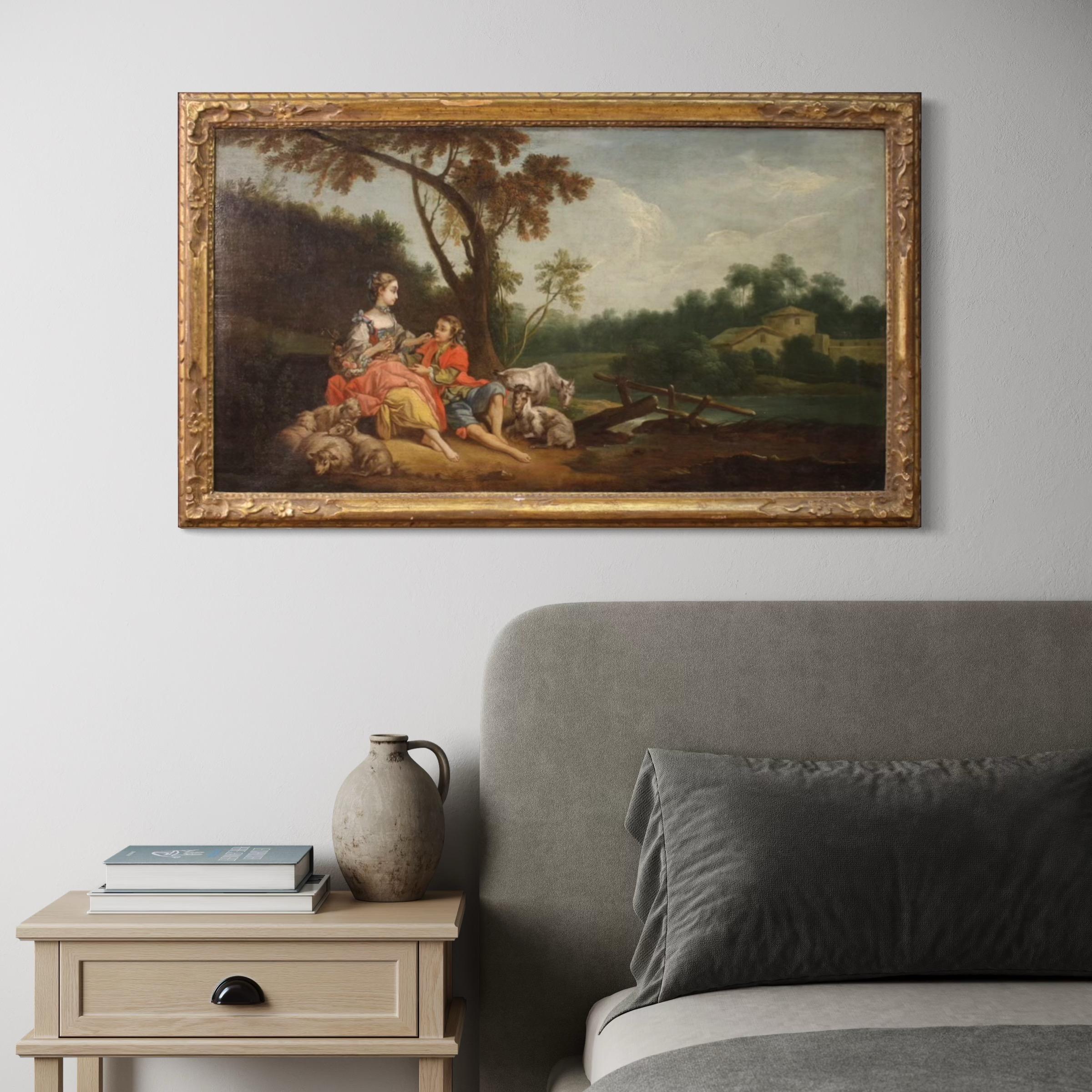 18th Century Oil on Canvas French Antique Rococo Gallant Scene Painting, 1750 im Angebot 6