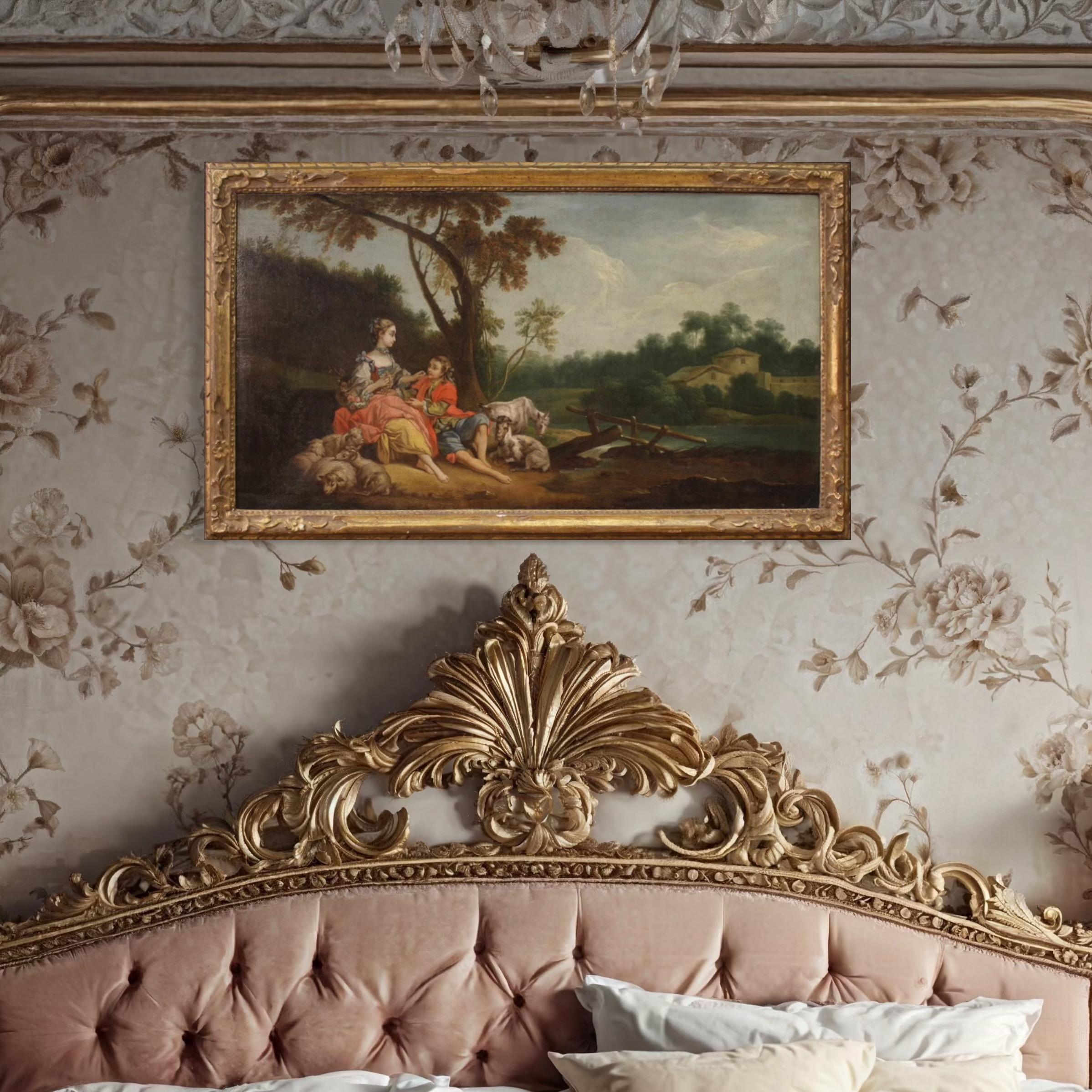 18th Century Oil on Canvas French Antique Rococo Gallant Scene Painting, 1750 im Angebot 7