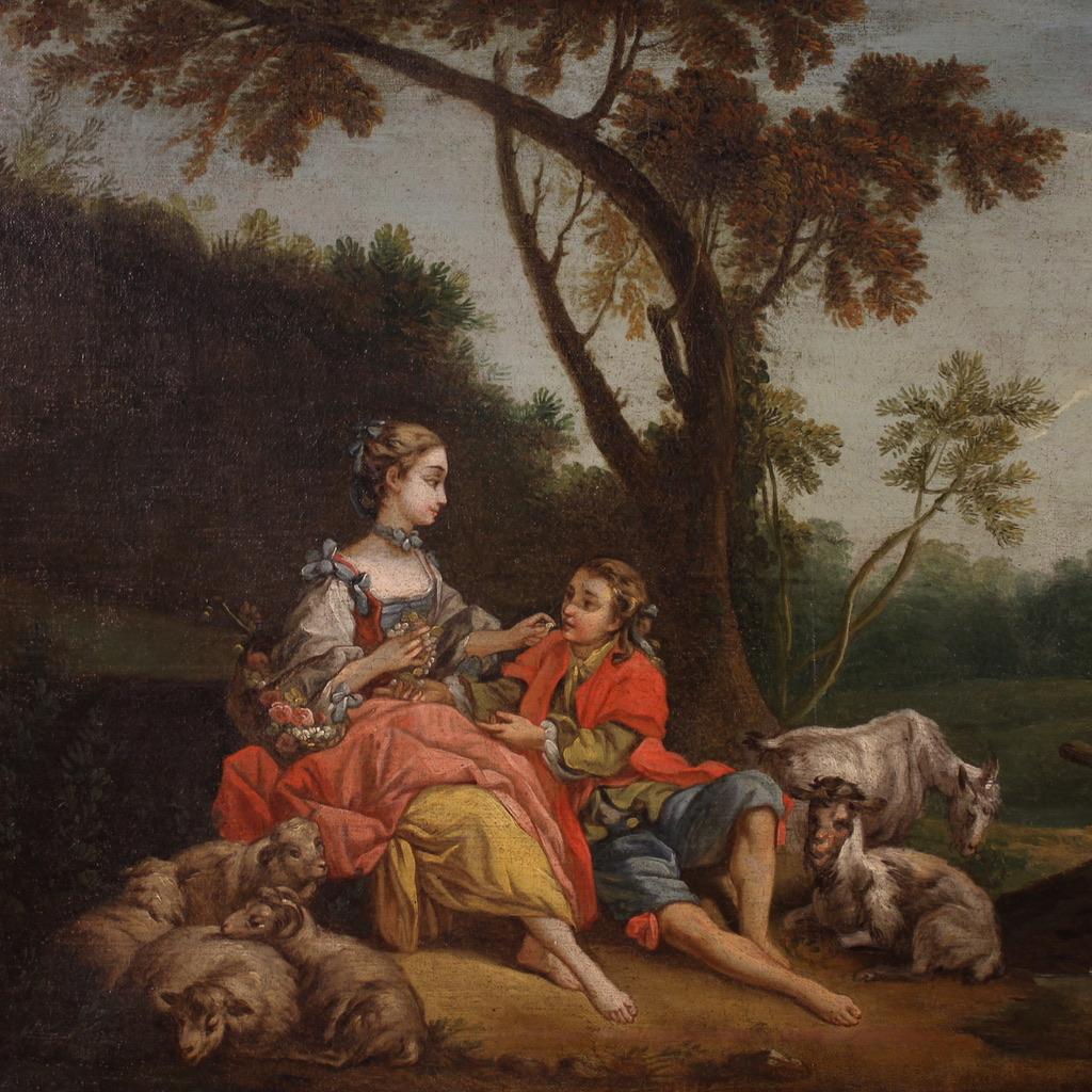 18th Century Oil on Canvas French Antique Rococo Gallant Scene Painting, 1750 (Geölt) im Angebot