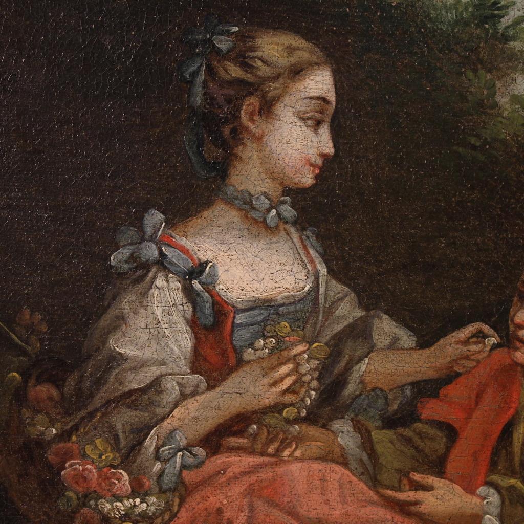 18th Century Oil on Canvas French Antique Rococo Gallant Scene Painting, 1750 (Mid-18th Century) im Angebot