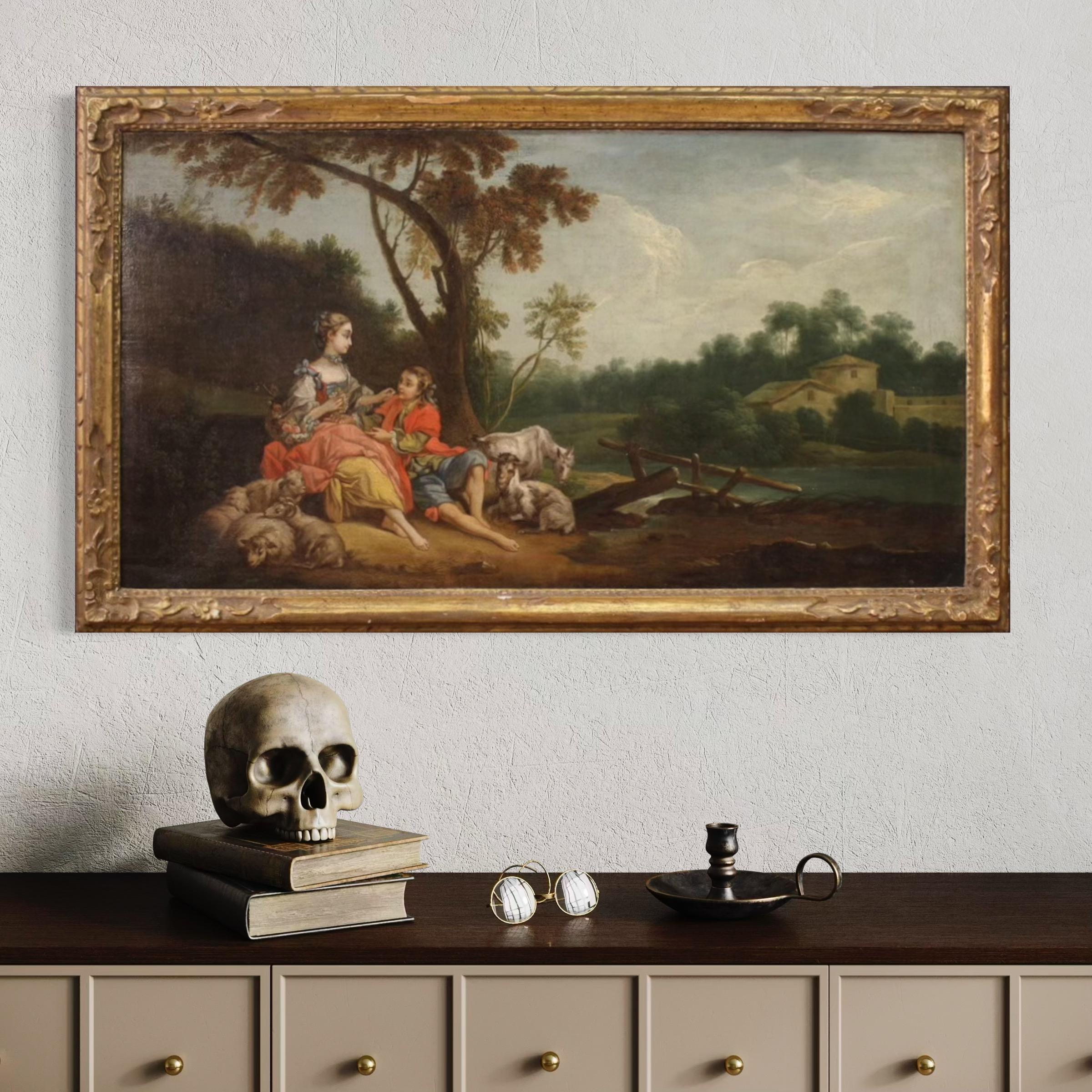 18th Century Oil on Canvas French Antique Rococo Gallant Scene Painting, 1750 im Angebot 1