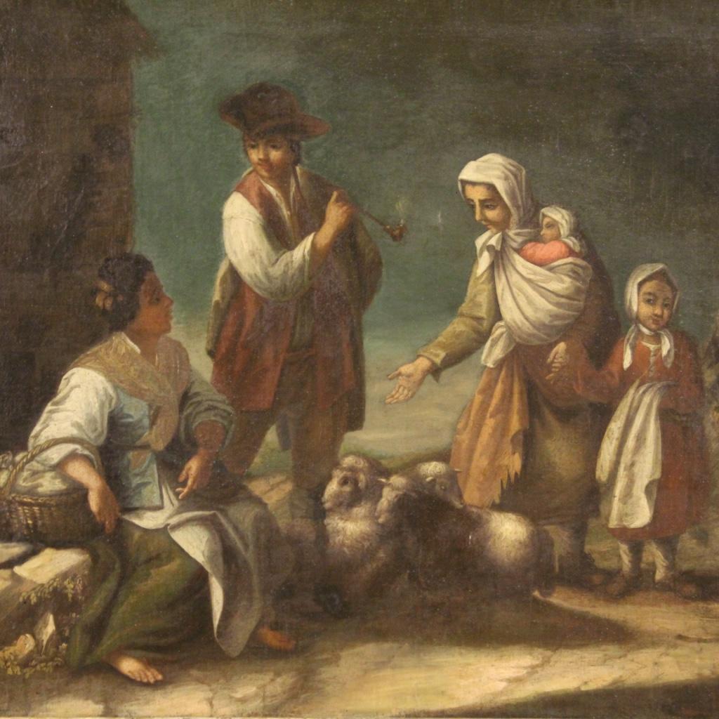 Oiled 18th Century Oil on Canvas French Genre Scene Painting With Characters, 1780s For Sale