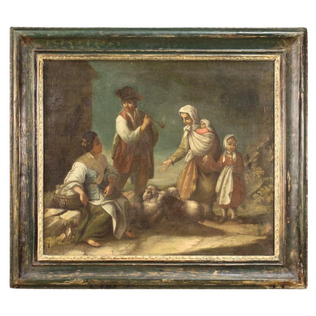 18th Century Oil on Canvas French Genre Scene Painting With Characters, 1780s For Sale