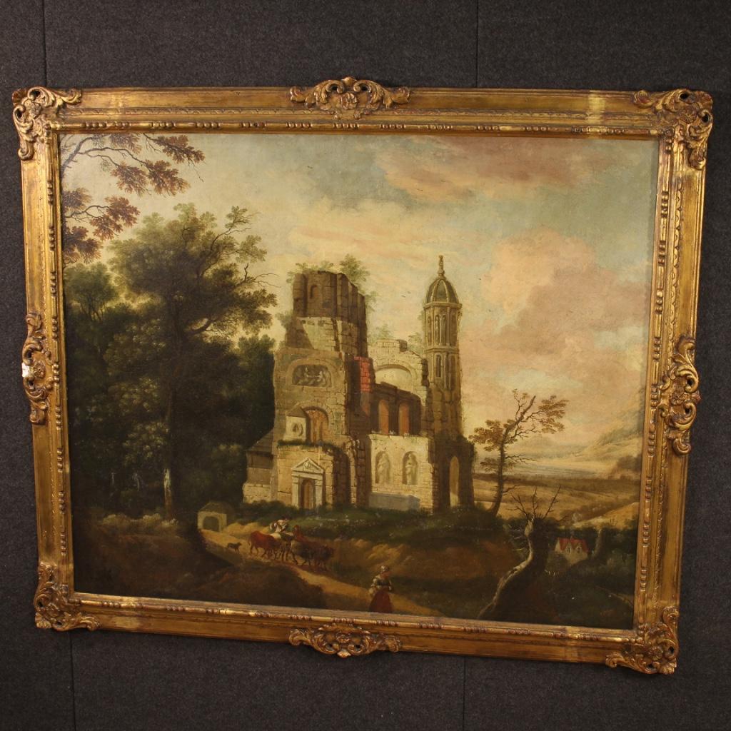 Antique French painting from 18th century. Oil painting on canvas, depicting landscape with ruins and characters of good pictorial quality. Wood and plaster frame of the 20th century, carved and gilded, with a small lack of decoration on the left