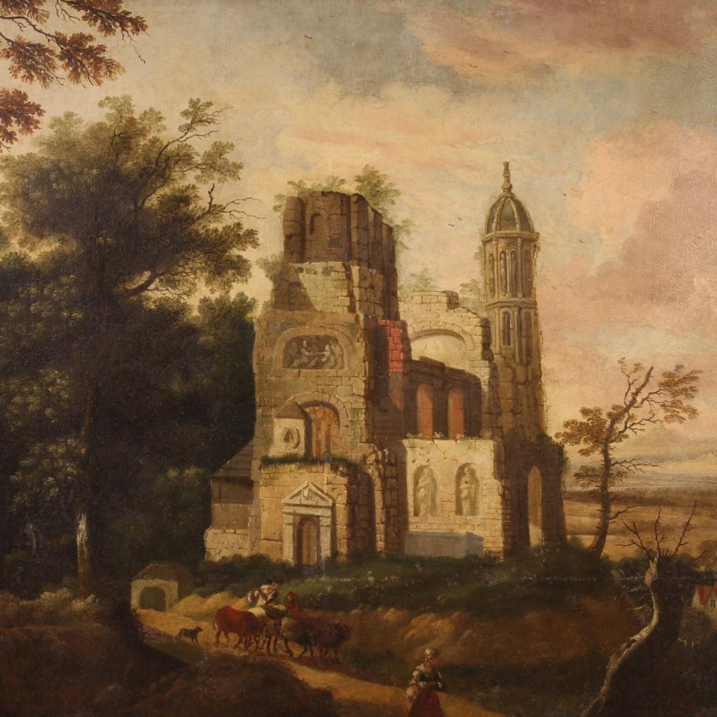 Antique French painting from 18th century. Oil painting on canvas, depicting landscape with ruins and characters of good pictorial quality. Wood and plaster frame of the 20th century, carved and gilded, with a small lack of decoration on the left