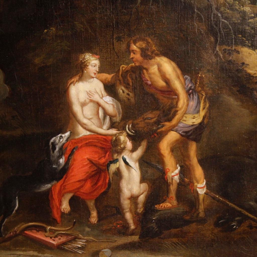 Antique French painting from 18th century. Framework oil on canvas depicting mythological subject Meleager and Atalanta referring to the killing of the Calydonian Boar. Framework of excellent pictorial quality, for antique dealers and collectors,