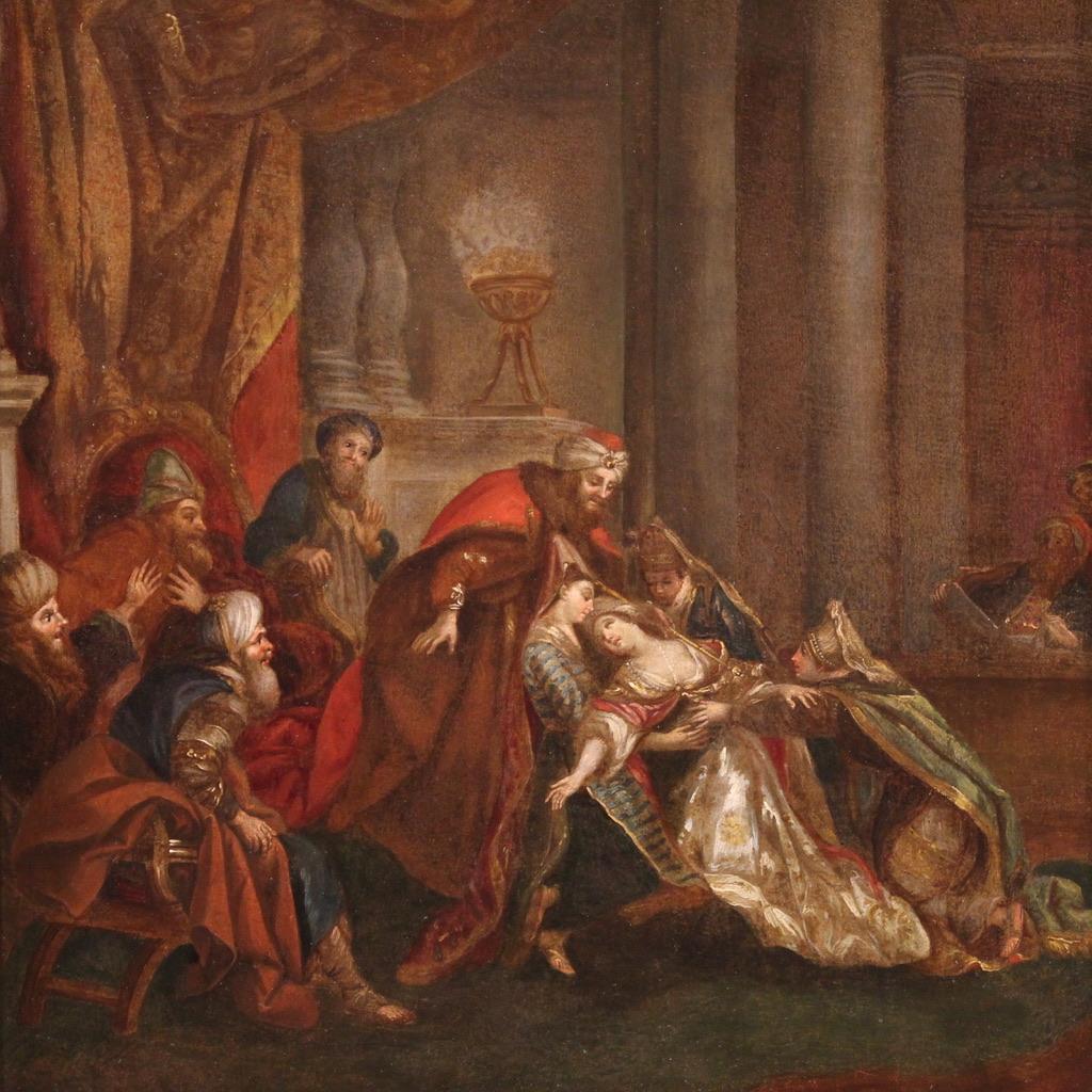 Französische Malerei aus der zweiten Hälfte des 18. Jahrhunderts. Öl auf Leinwand, das eine Szene aus dem Alten Testament darstellt: Esther fällt vor Ahasverus in Ohnmacht. Esther ist eine junge Jüdin, eine Heldengestalt, die dank ihres Mutes ihr