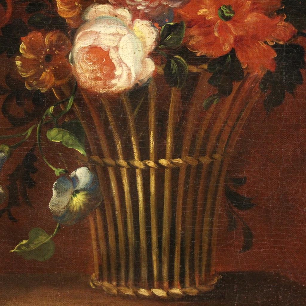 18th Century Oil on Canvas French Painting Still Life Basket with Flowers, 1780 7