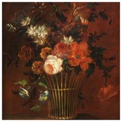 18th Century Oil on Canvas French Painting Still Life Basket with Flowers, 1780
