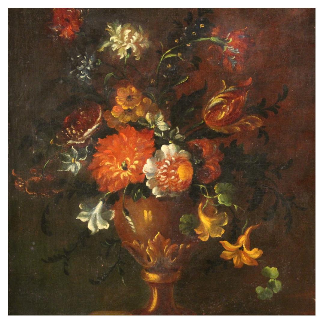 18th Century Oil on Canvas French Painting Still Life Vase with Flowers, 1750