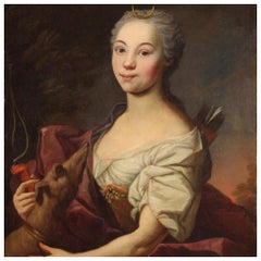 18th Century Oil on Canvas French Portrait of Goddess Diana Painting, 1780