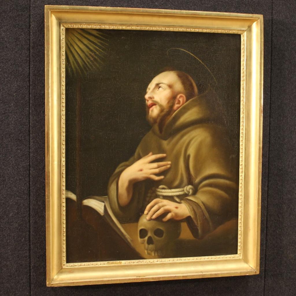 18th Century Oil on Canvas French Religious Painting Saint Francis Of Assisi For Sale 8