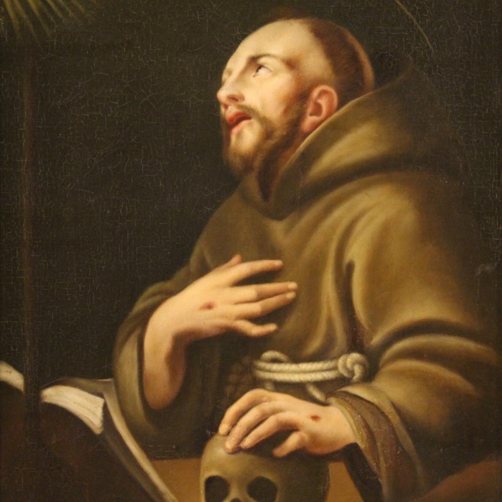 18th Century Oil on Canvas French Religious Painting Saint Francis Of Assisi In Good Condition For Sale In Vicoforte, Piedmont