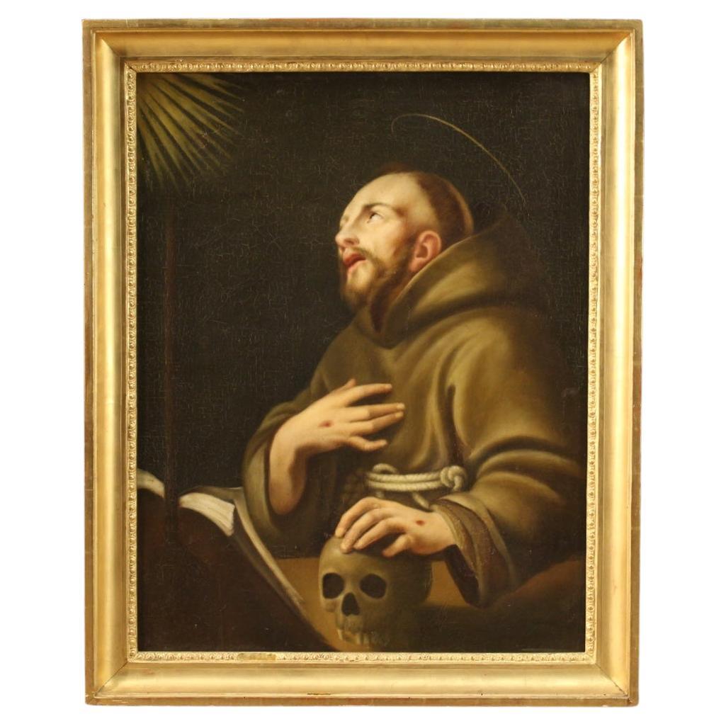 18th Century Oil on Canvas French Religious Painting Saint Francis Of Assisi For Sale