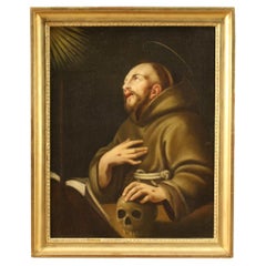 18th Century Oil on Canvas French Religious Painting Saint Francis Of Assisi