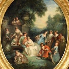 18th Century Oil on Canvas French Rococo Gallant Genre Scene Painting, 1750