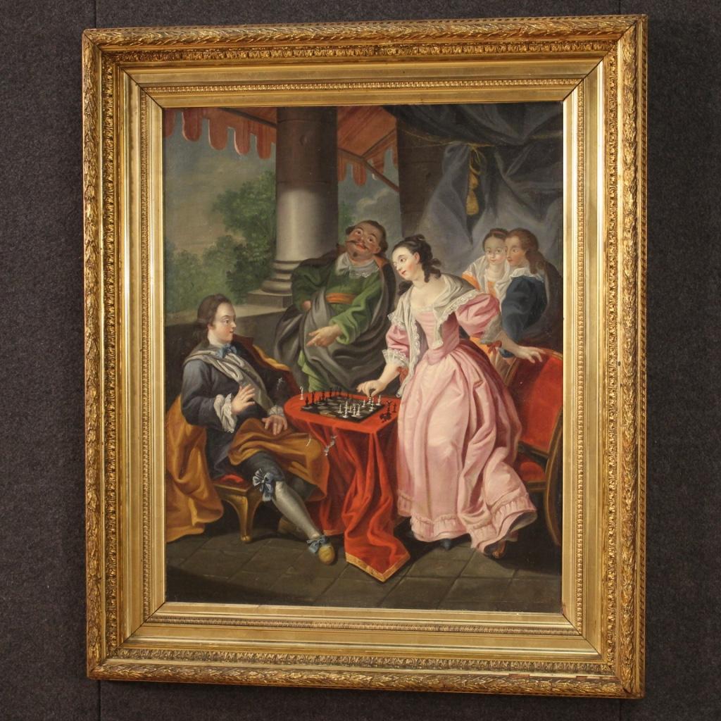 Huile sur toile du 18ème siècle - Peinture romantique française - Le jeu d'échecs, 1780 en vente 4