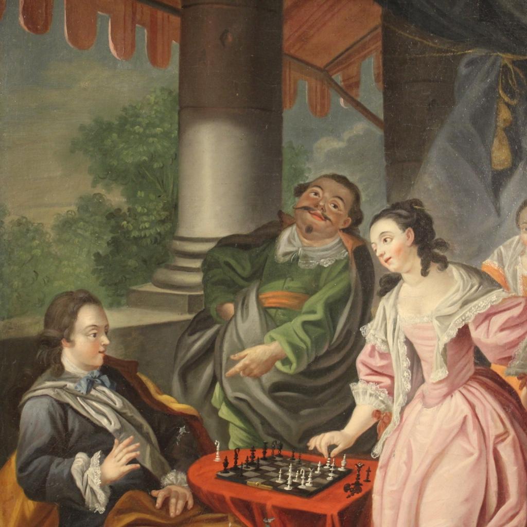 Huile sur toile du 18ème siècle - Peinture romantique française - Le jeu d'échecs, 1780 en vente 5