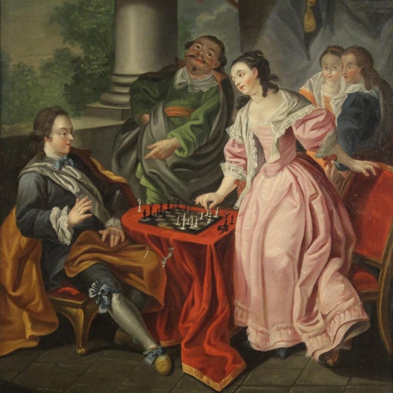 18th Century Oil on Canvas French Romantic Painting The Game of Chess, 1780  For Sale at 1stDibs