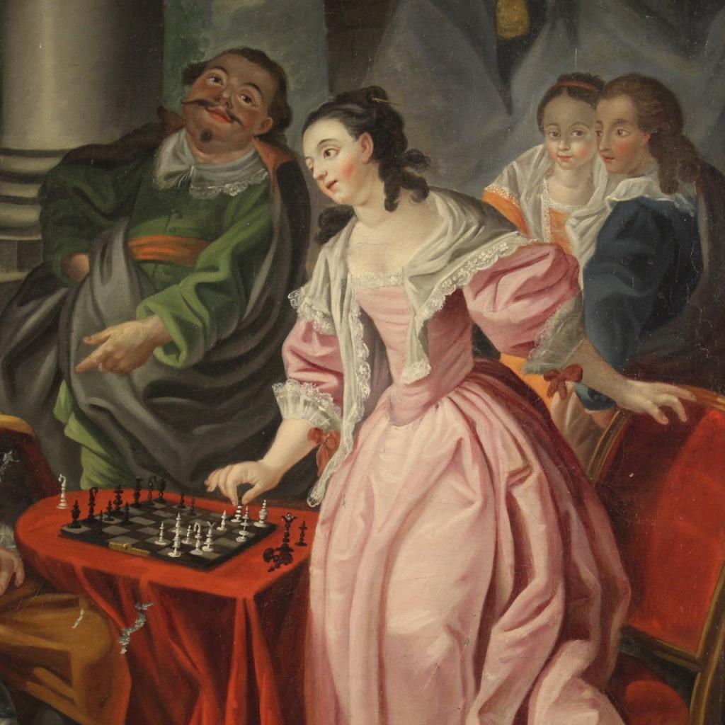 Huile sur toile du 18ème siècle - Peinture romantique française - Le jeu d'échecs, 1780 Bon état - En vente à Vicoforte, Piedmont