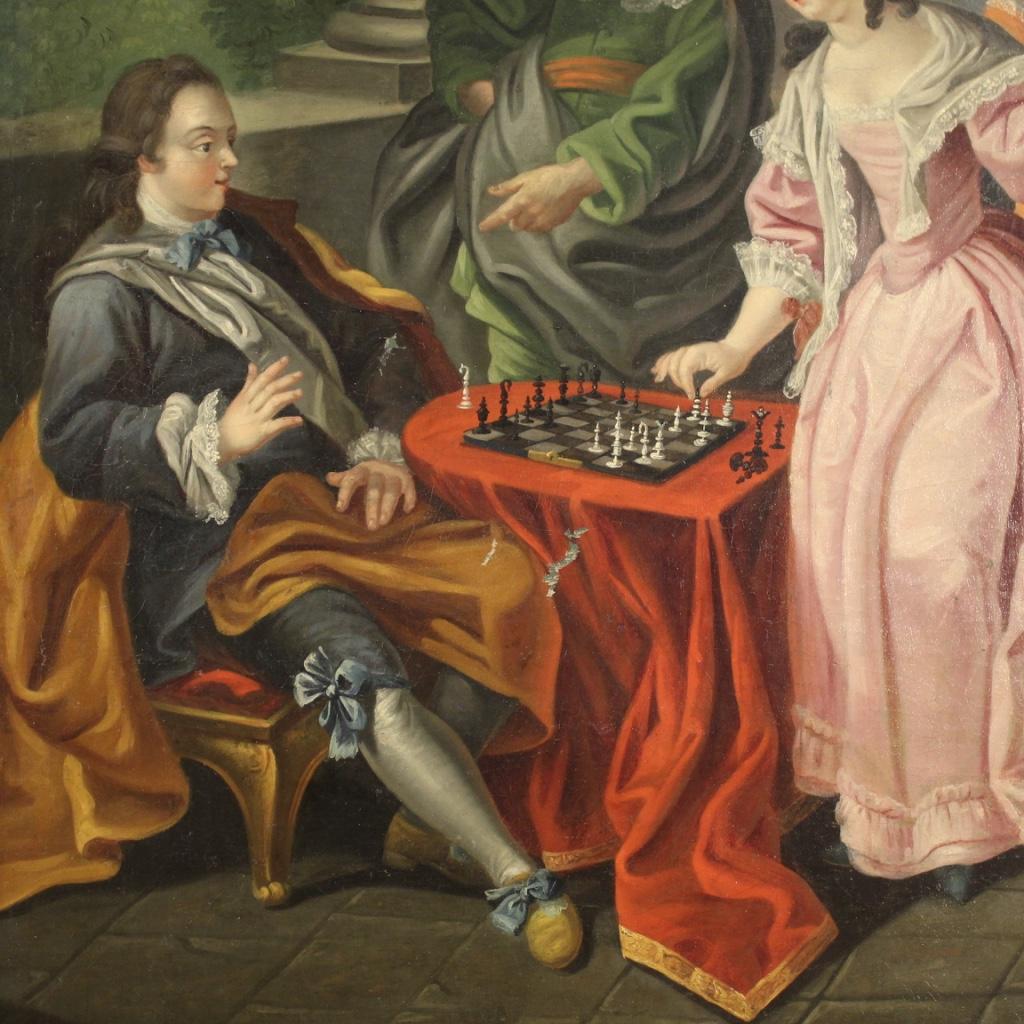Oiled 18th Century Oil on Canvas French Romantic Painting The Game of Chess, 1780 For Sale