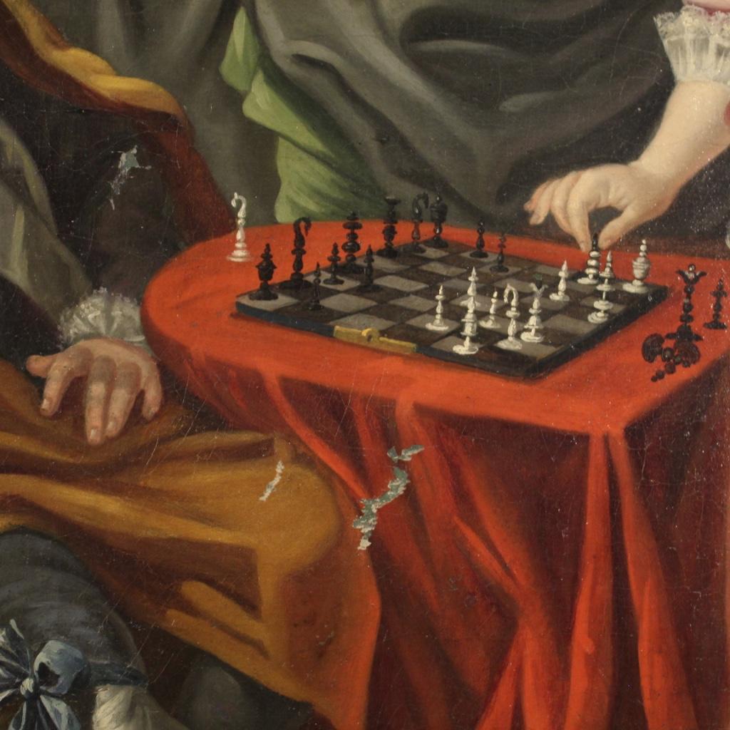 18th Century Oil on Canvas French Romantic Painting The Game of Chess, 1780 In Good Condition For Sale In Vicoforte, Piedmont