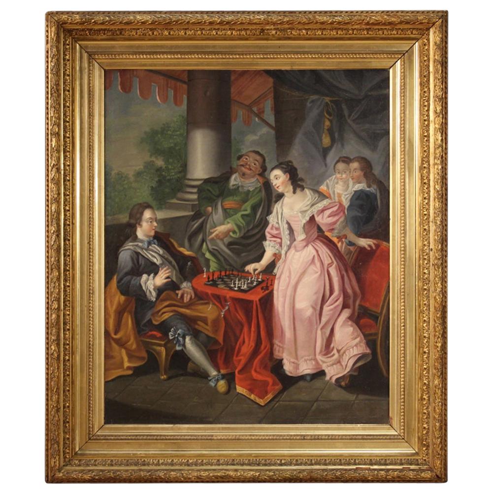 18th Century Oil on Canvas French Romantic Painting The Game of Chess, 1780 For Sale