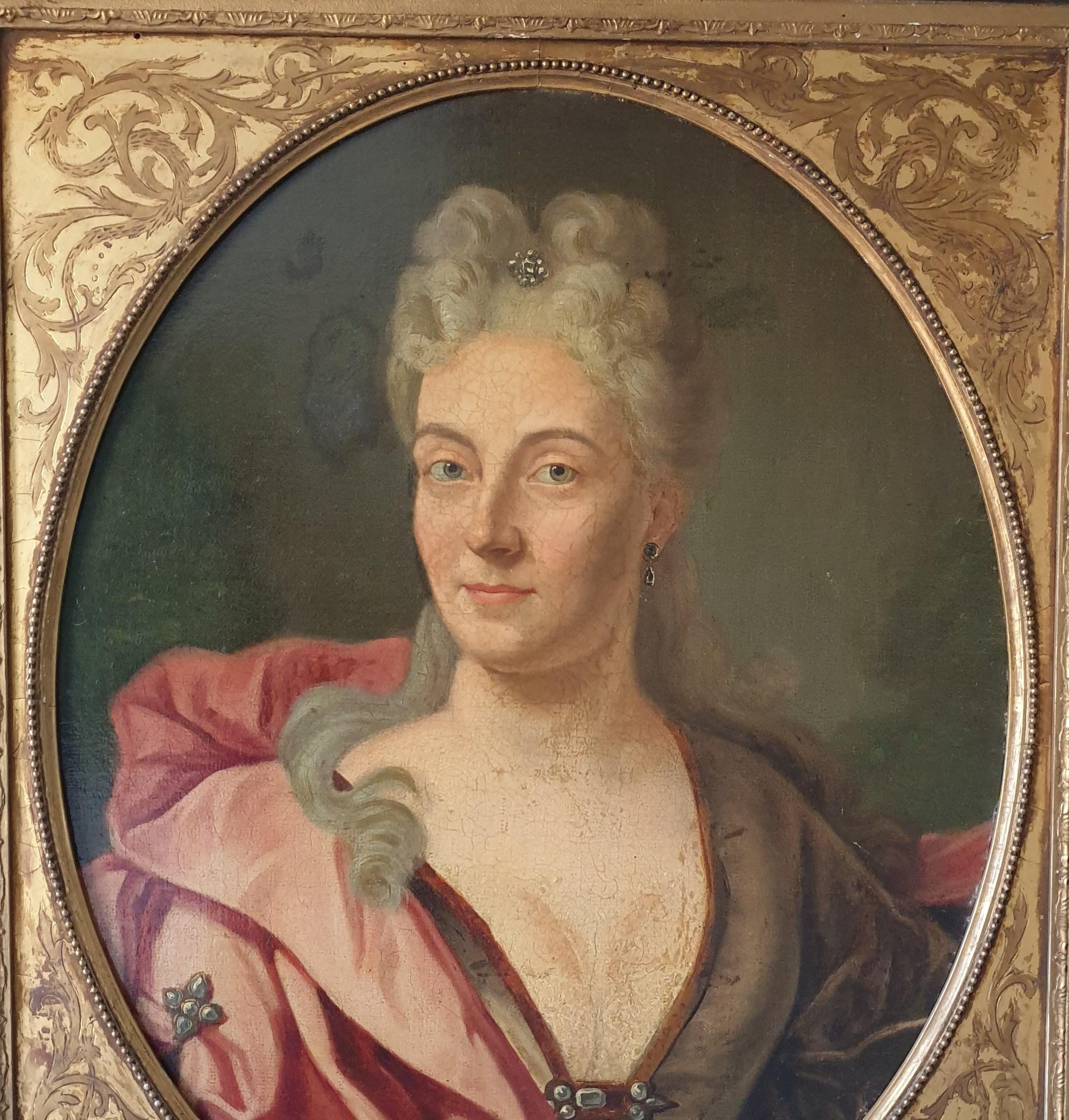 École de Largillierre, Portrait d'une dame de la famille Verheyden. Le cadre d'origine est en bois laqué noir avec un insert doré.
Nicolas de Largilliere (1656-1746), est né à Paris, puis s'est installé à Anvers à l'âge de trois ans. À l'âge de