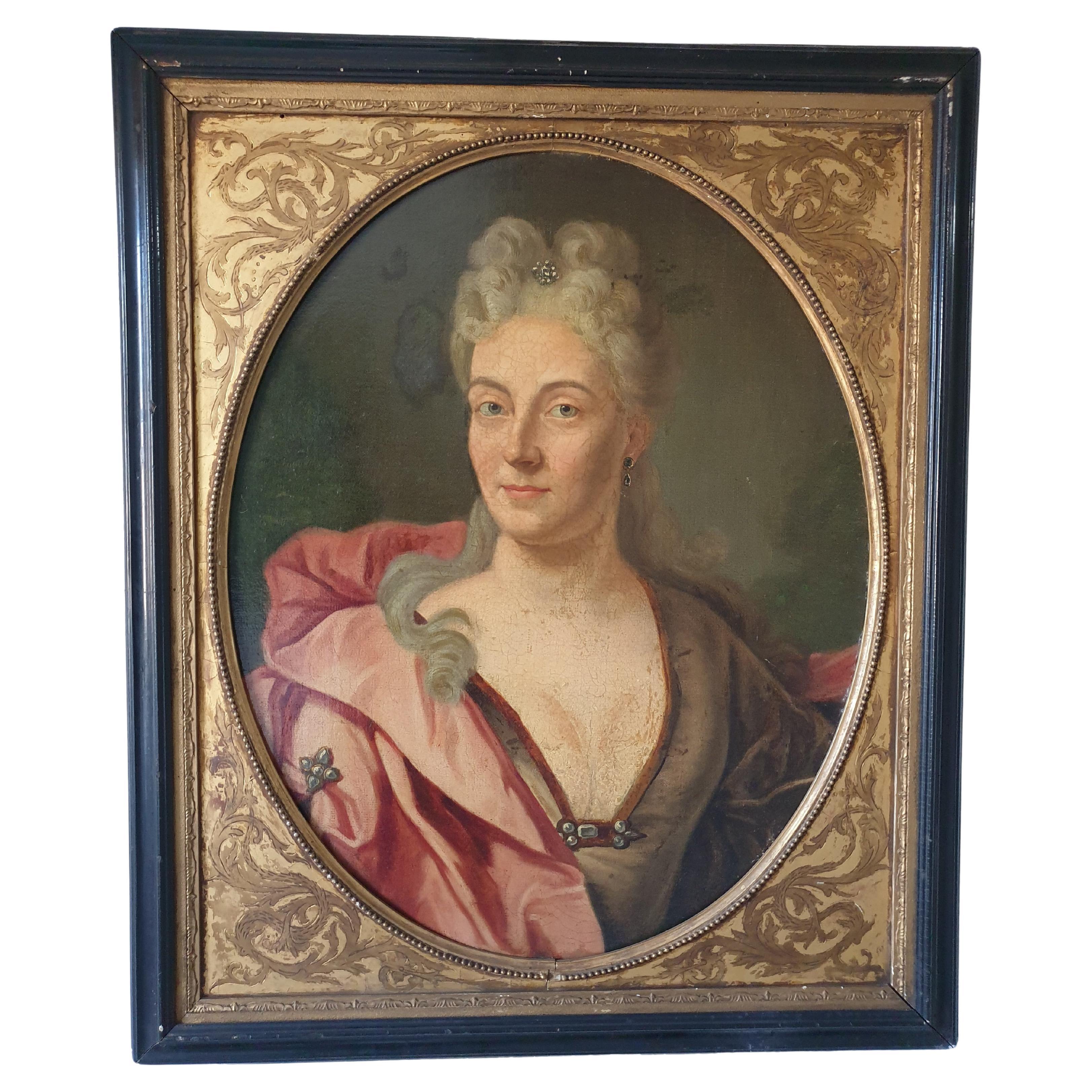 18th Century Oil On Canvas In Gilt Frame School Of Nicolas De Largilierre For Sale