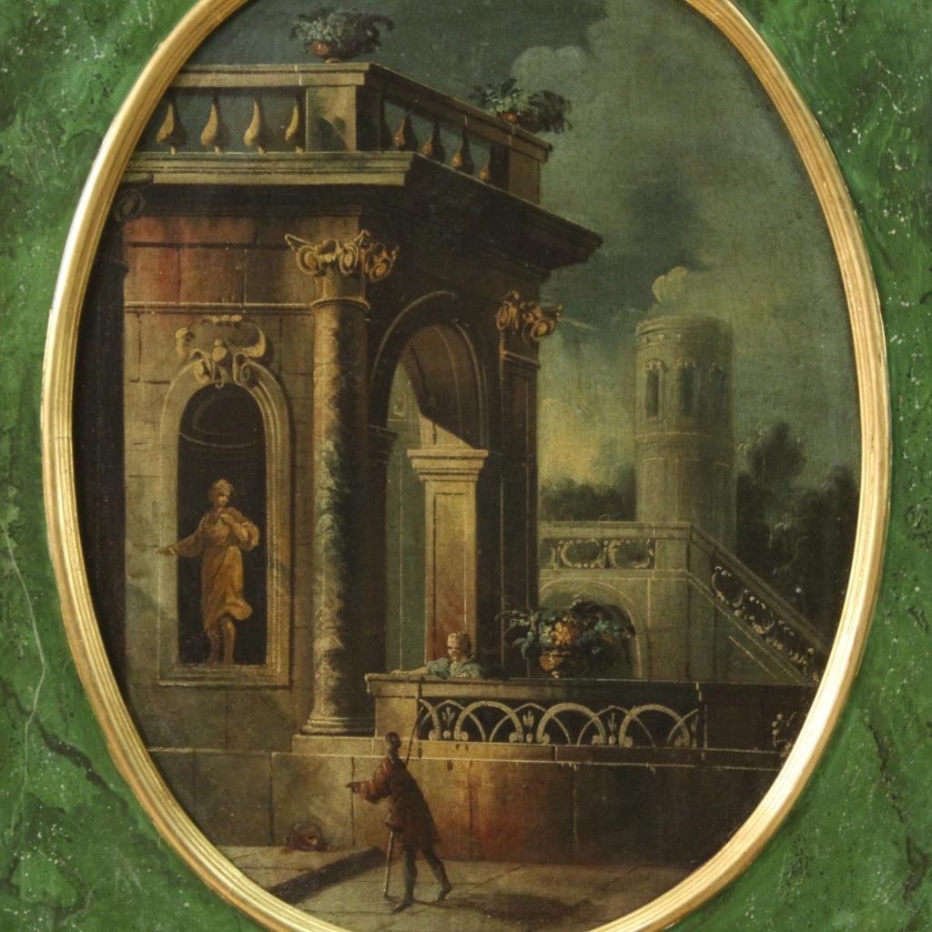 18th Century Oil on Canvas Italian Antique Architectural Caprice Painting, 1760 In Good Condition For Sale In Vicoforte, Piedmont