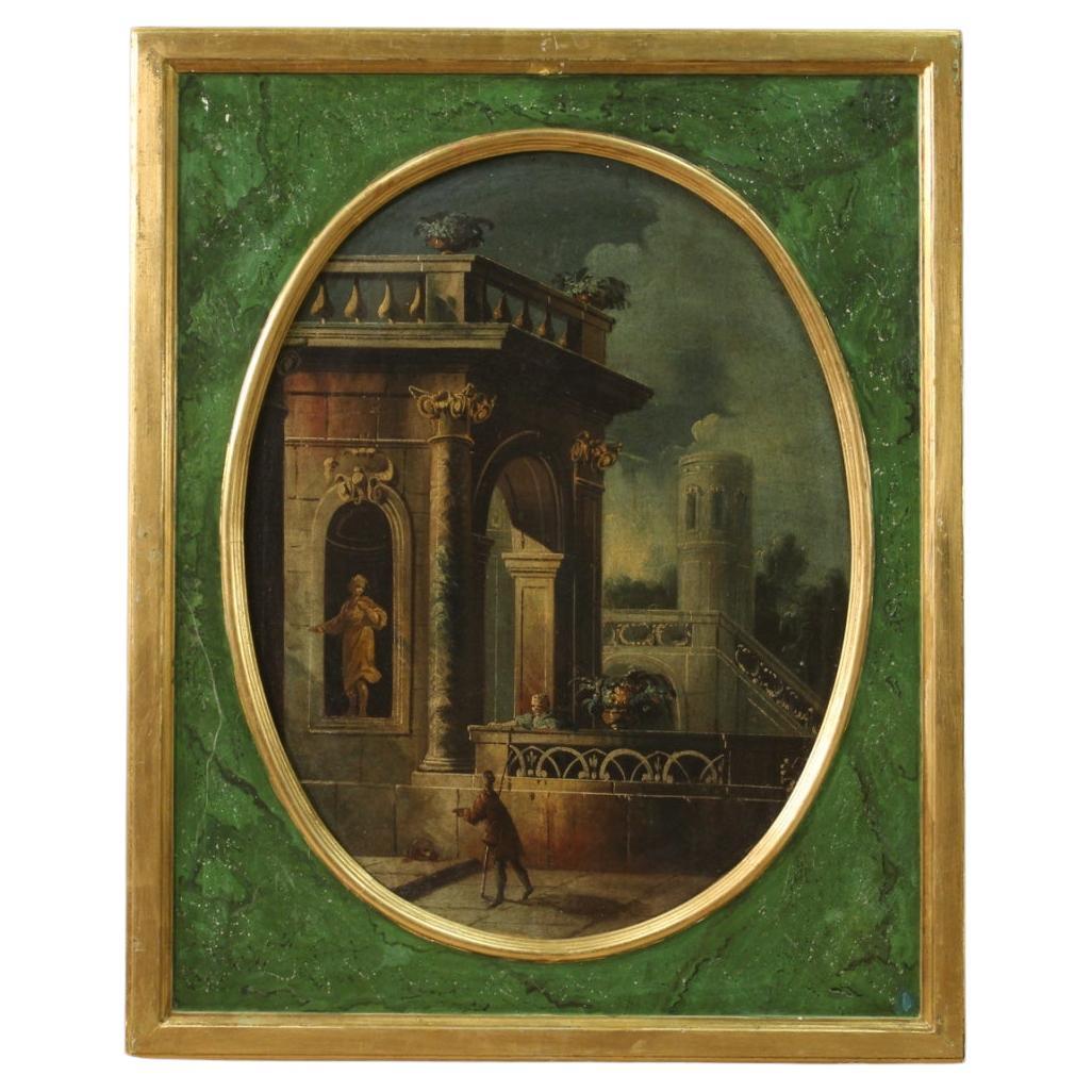 18th Century Oil on Canvas Italian Antique Architectural Caprice Painting, 1760 For Sale