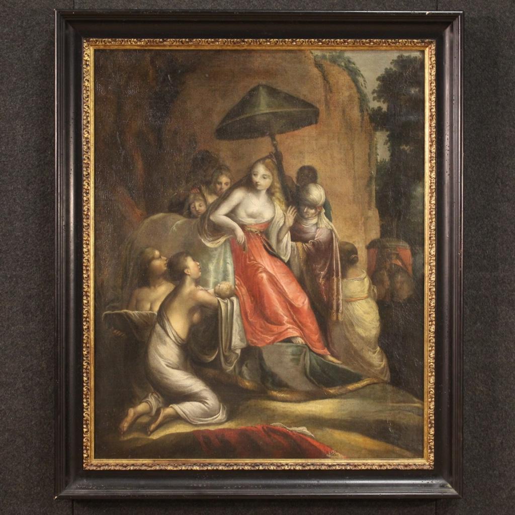 Antique Italian painting from 18th century. Framework oil on canvas depicting biblical subject The finding of Moses of good pictorial quality. Nice size and pleasant impact painting, for antique dealers, interior decorators and collectors of ancient