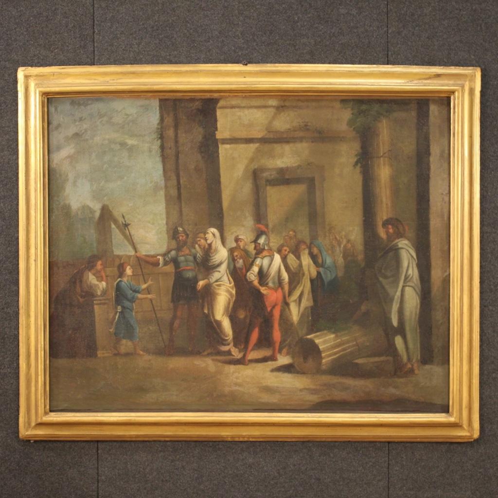 Antique Italian painting from 18th century. Oil on canvas framework depicting a religious subject Biblical scene (under study) of good pictorial quality. Painting of great measure and impact, for antique dealers and collectors of ancient sacred art.