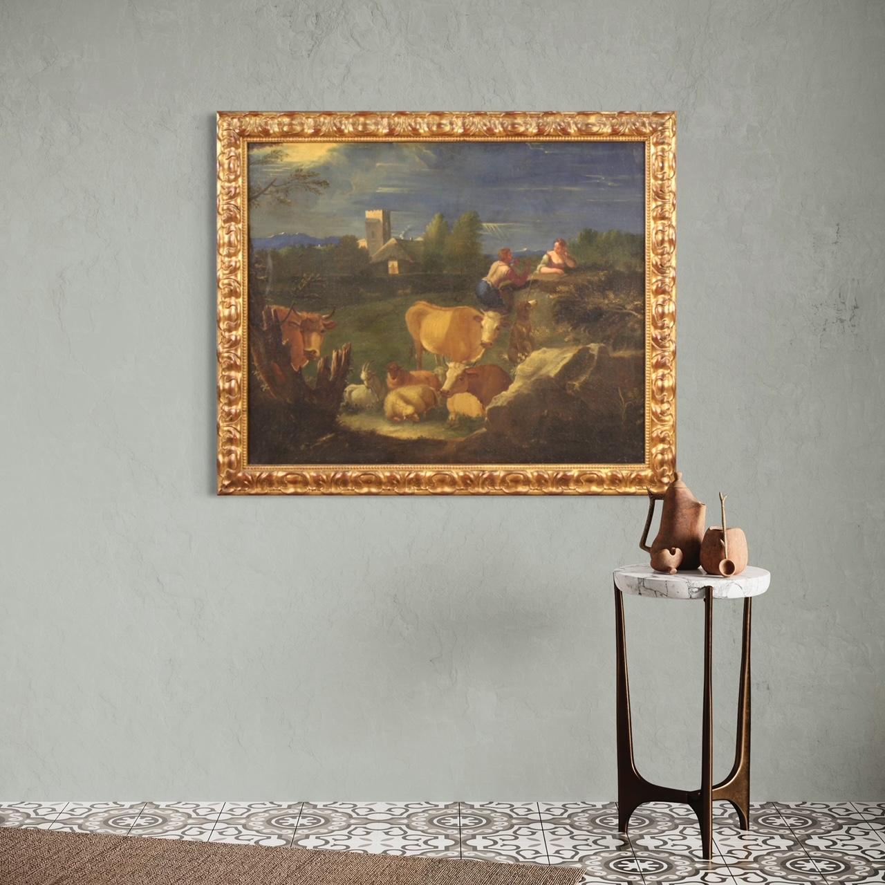 Huile sur toile italienne ancienne de paysage bucolique du 18ème siècle, 1770 en vente 8