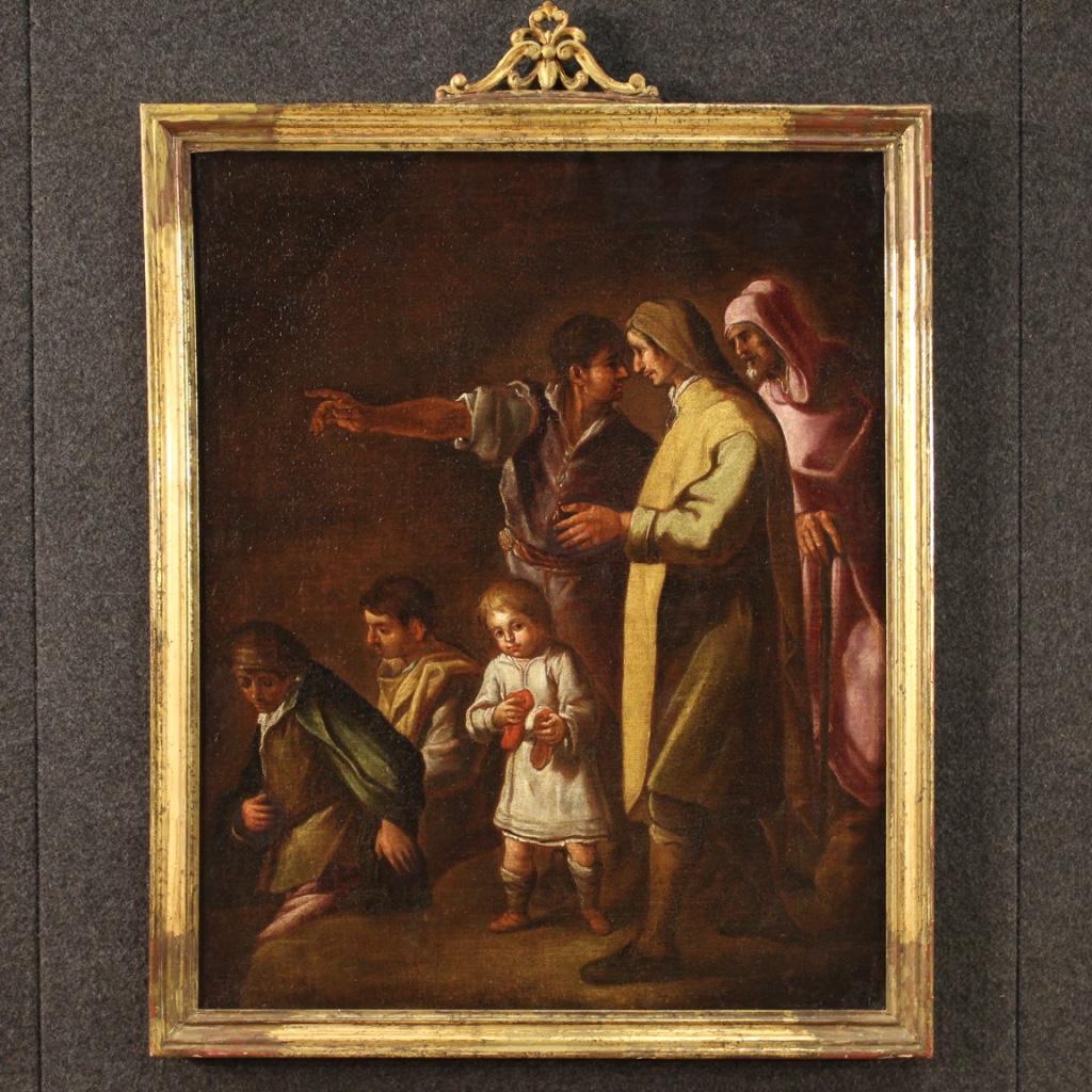 Antique Italian painting from the 18th century. Framework oil on canvas depicting a scene with genre characters (under study) of good pictorial quality. Beautifully sized and pleasantly decorated painting with a non-Coeval silver wooden frame,