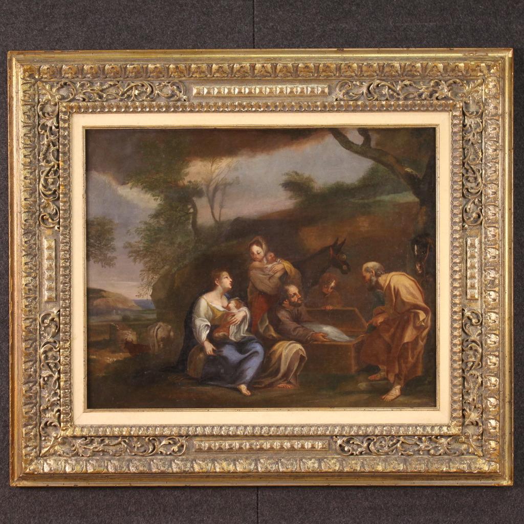 Antique Italian painting from the 18th century. Oil on canvas artwork depicting a particular classic genre scene on a bucolic landscape of good pictorial quality. Painting of good size and pleasant furnishings with a non-coeval wooden frame, from