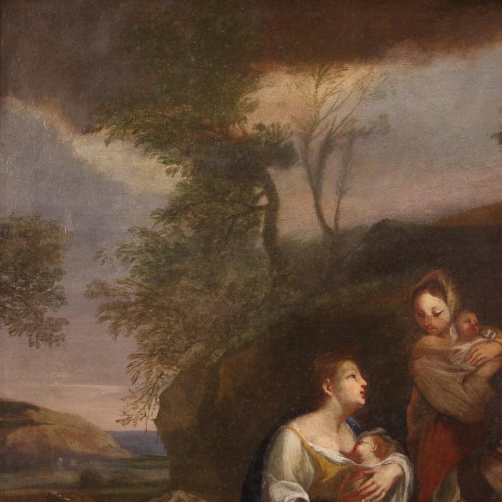 18th Century Oil on Canvas Italian Antique Genre Scene Landscape Painting, 1760 For Sale 3