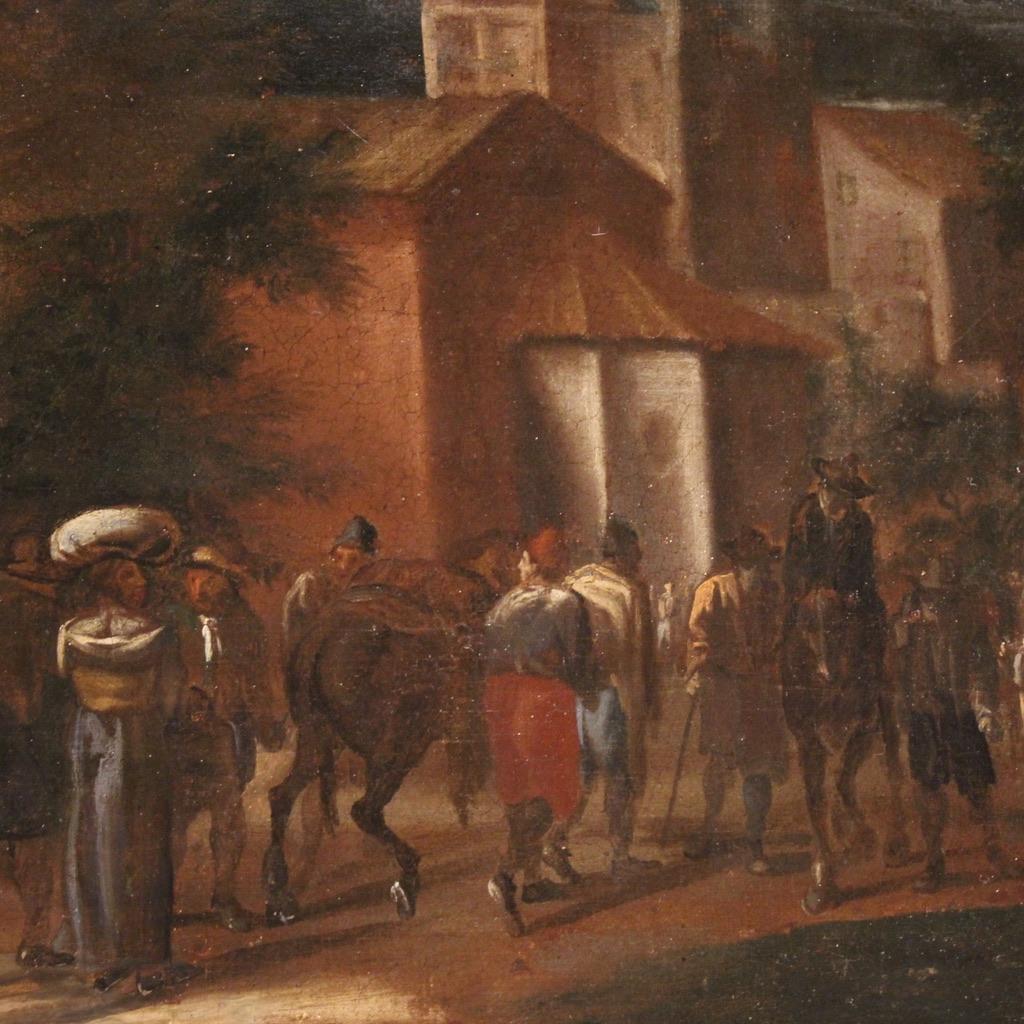 18th Century Oil on Canvas Italian Antique Genre Scene Painting, 1740 For Sale 5
