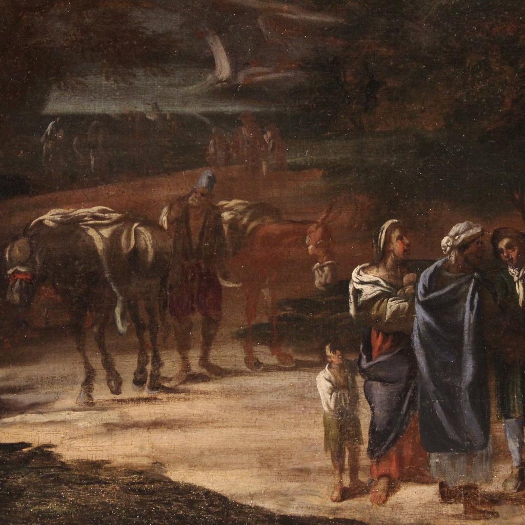 18th Century Oil on Canvas Italian Antique Genre Scene Painting, 1740 For Sale 6