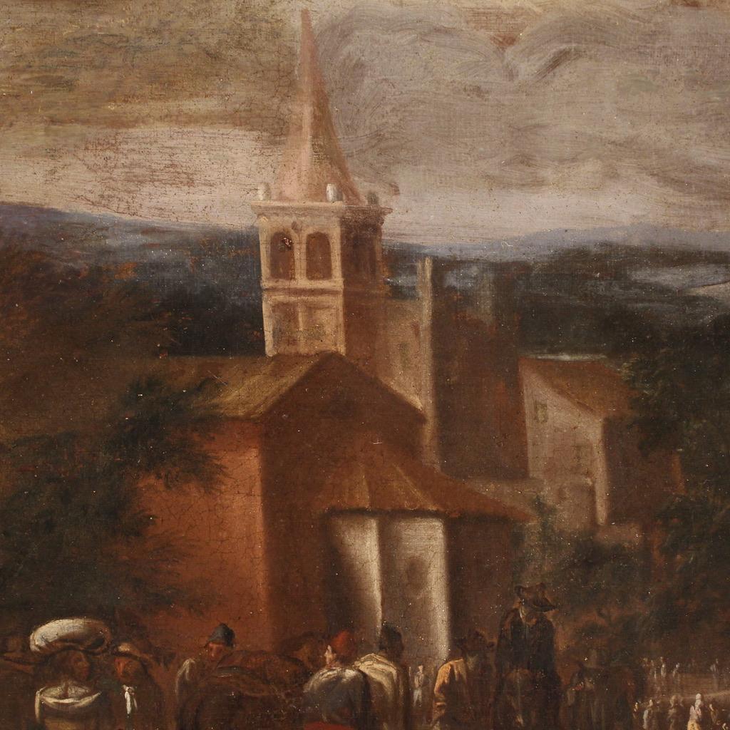 18th Century Oil on Canvas Italian Antique Genre Scene Painting, 1740 For Sale 7