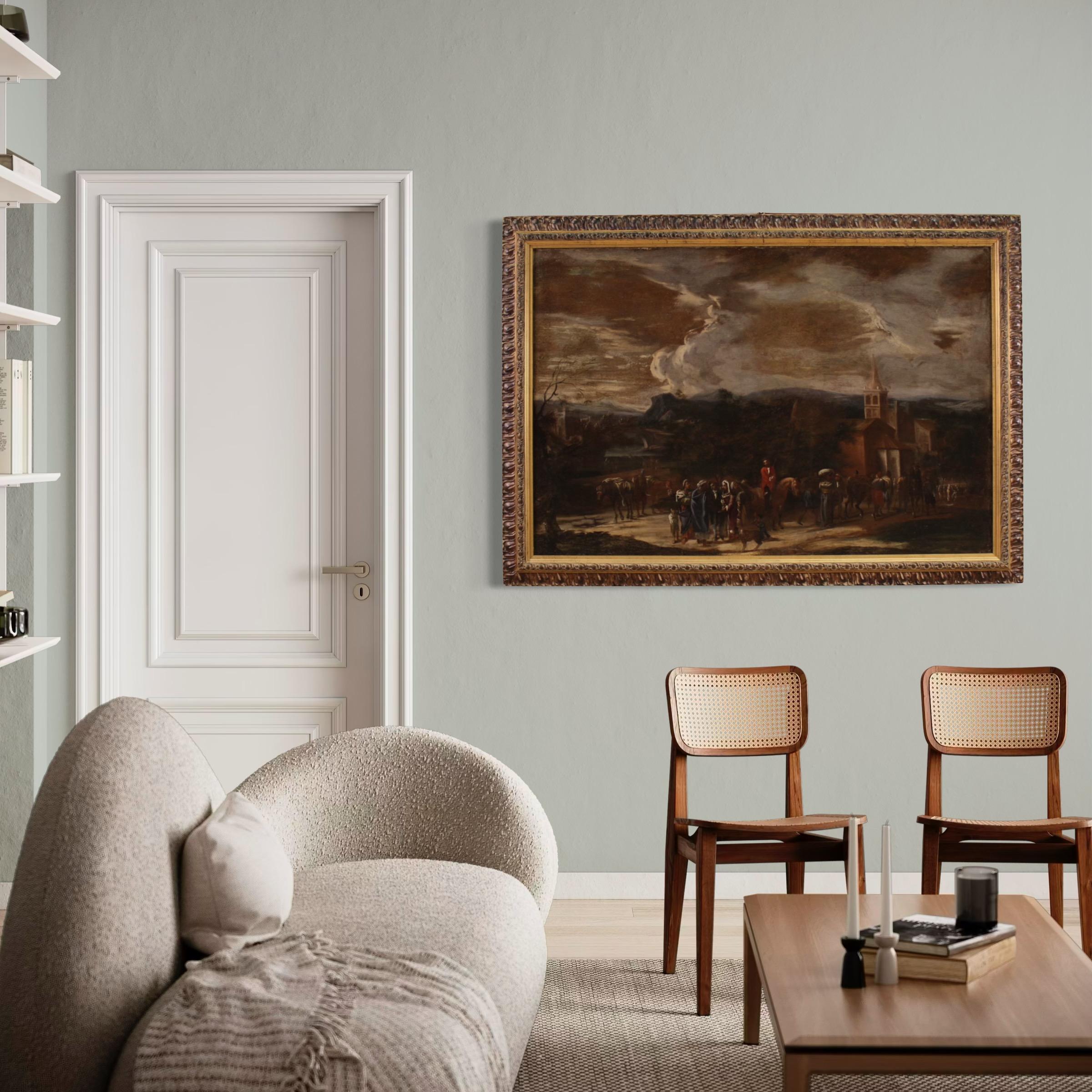 Antique Italian painting from the first half of the 18th century. Oil on canvas artwork depicting a lively genre scene animated by countless figures in costume gathered near a church. The painting could represent a village ceremony or perhaps a