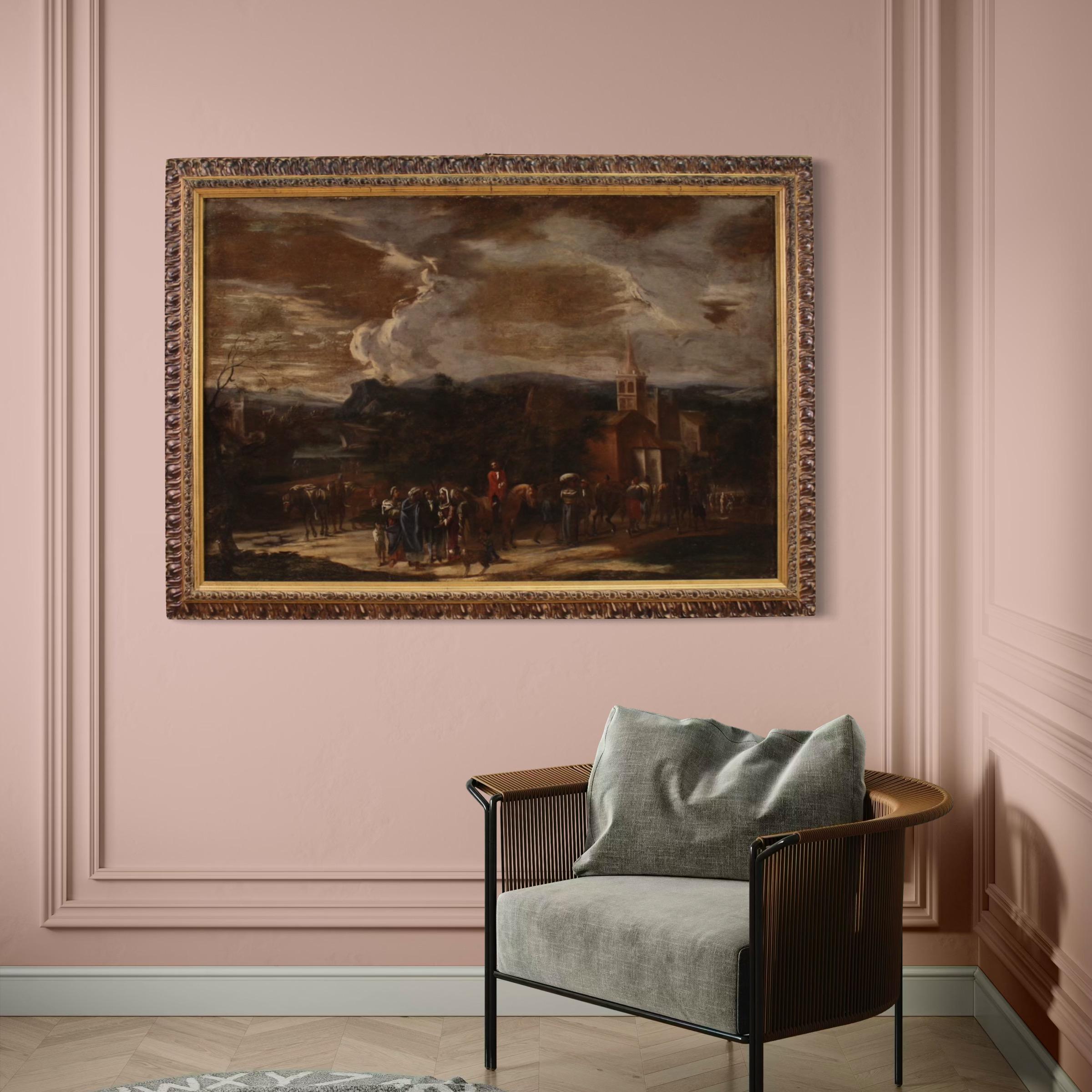 Oiled 18th Century Oil on Canvas Italian Antique Genre Scene Painting, 1740 For Sale