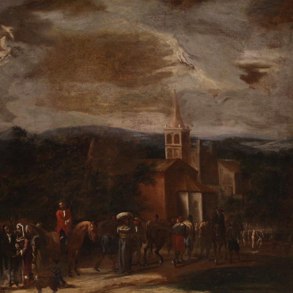 18th Century Oil on Canvas Italian Antique Genre Scene Painting, 1740 For Sale 1