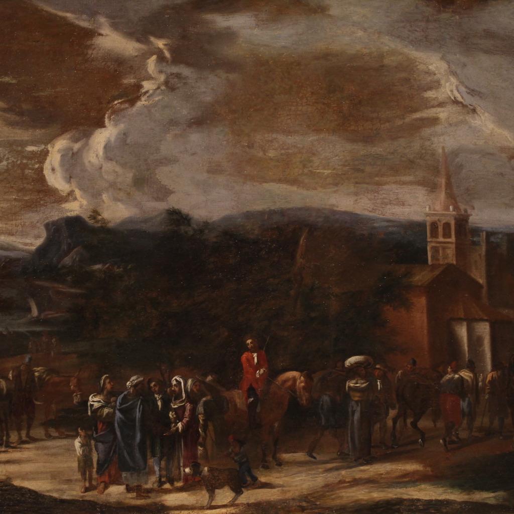 18th Century Oil on Canvas Italian Antique Genre Scene Painting, 1740 For Sale 2